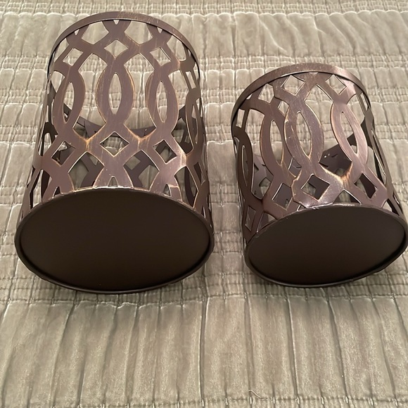 Set of 2 Round Bronze Color Metal Cut Out Lanterns Hurricane Candle Holders - Picture 5 of 10